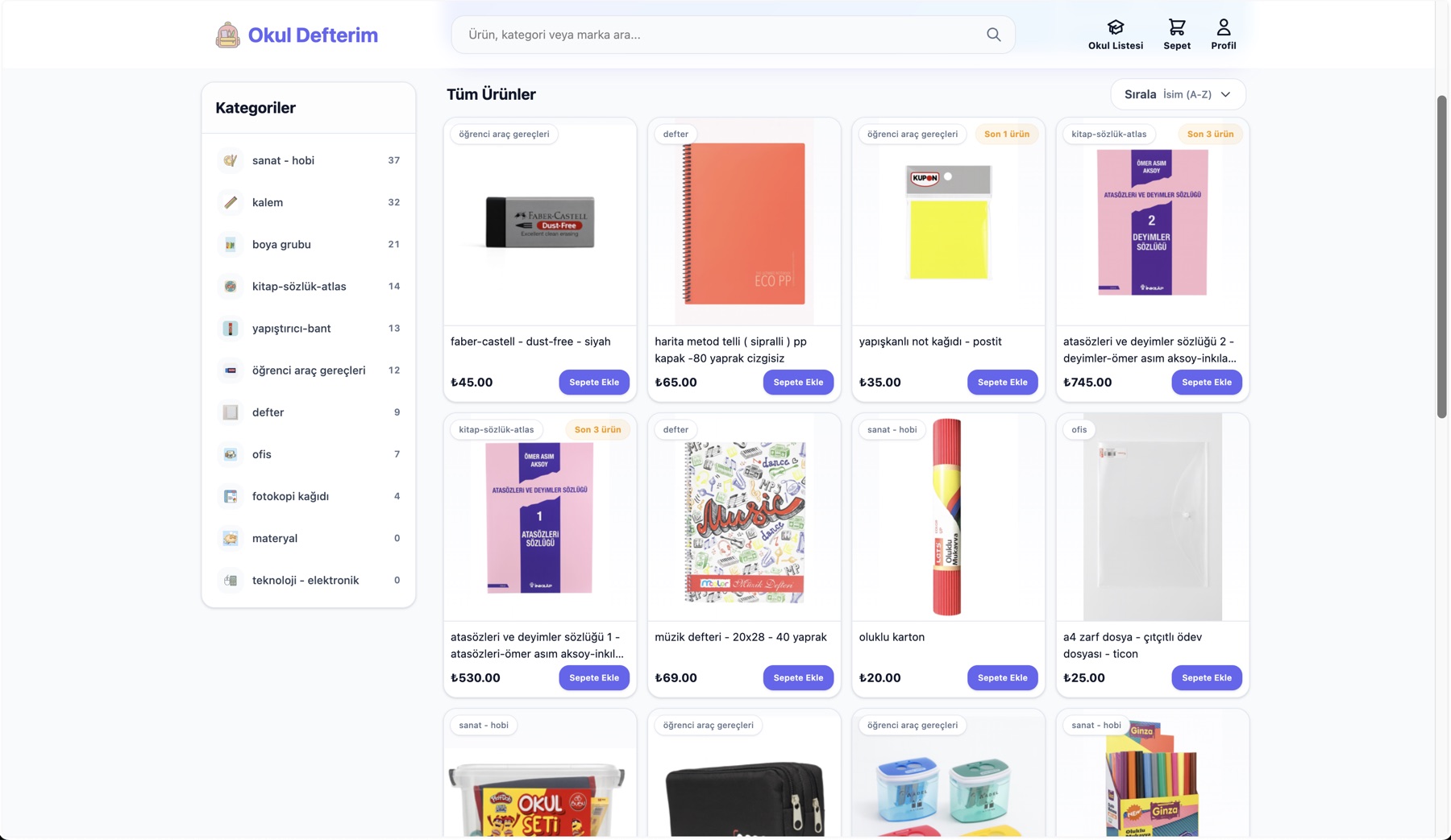 Ticaris altyapısıyla hazırlanmış bir web mağazanın ürün listesi